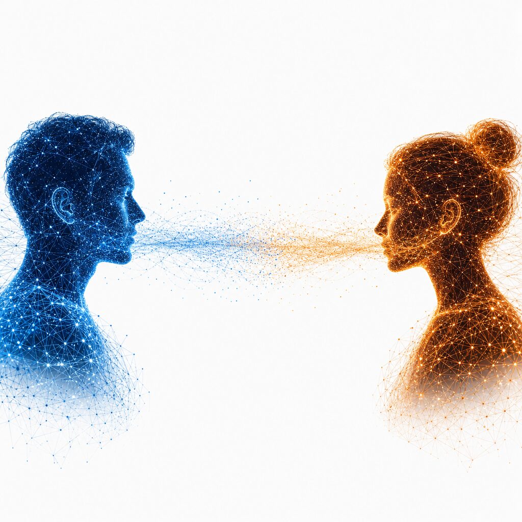 Two people rendered as particle constellations facing each other, their signals meeting in the space between them.
