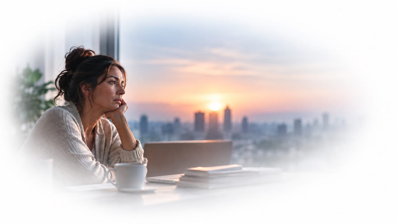 Woman looking out over a city at sunset, reflecting