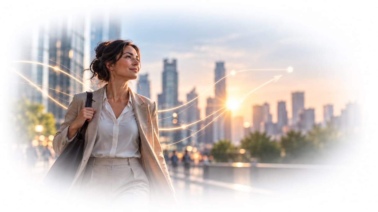 Confident professional walking through the city at sunset