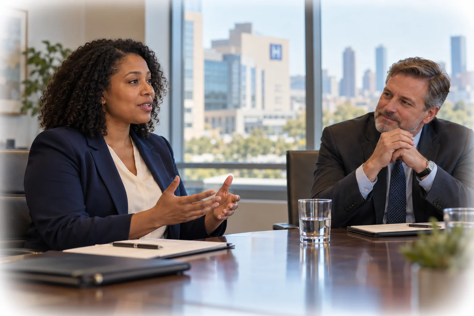 Tasha explains her experience as the hiring manager listens.
