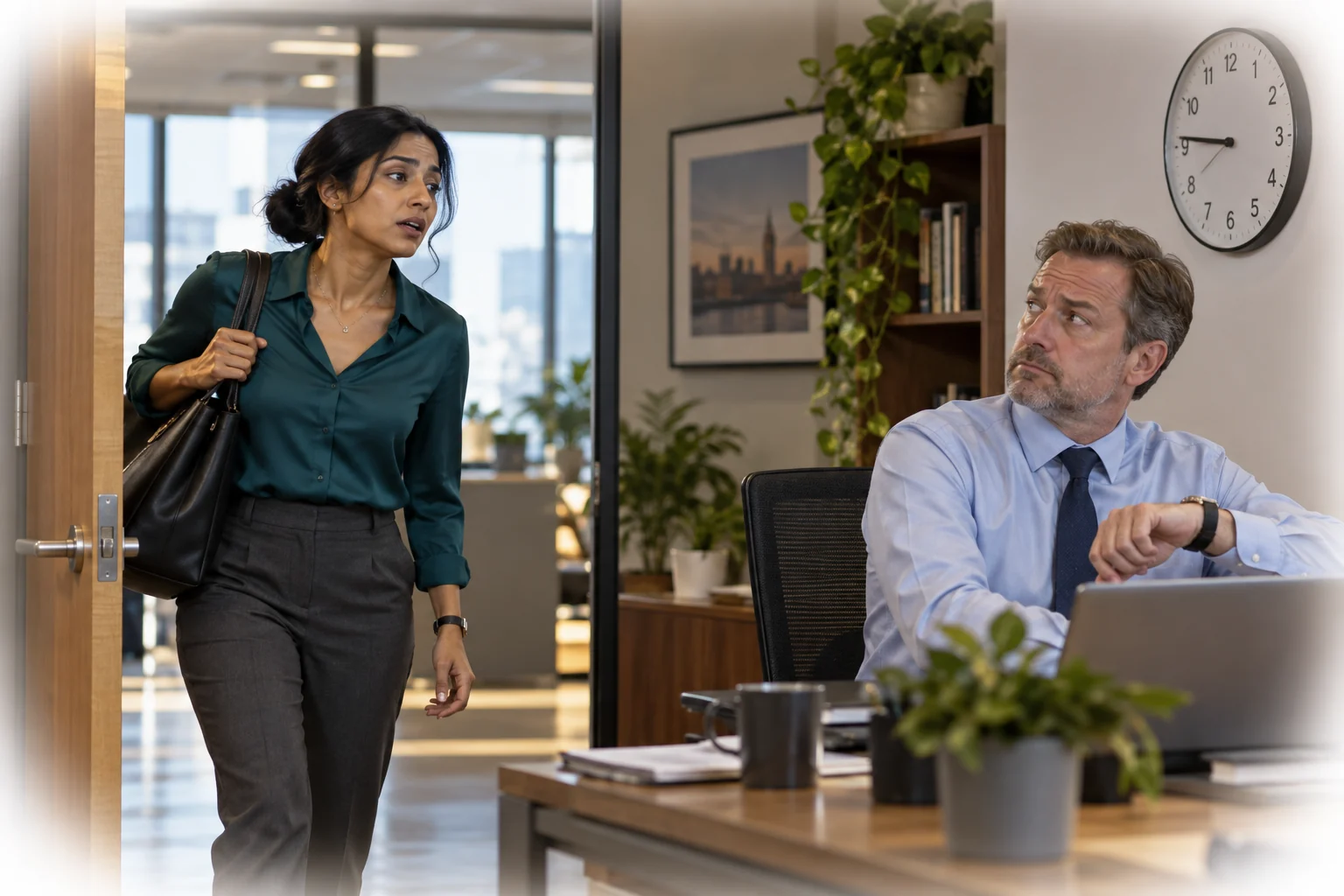 Maya arrives at work as a colleague glances at the clock.