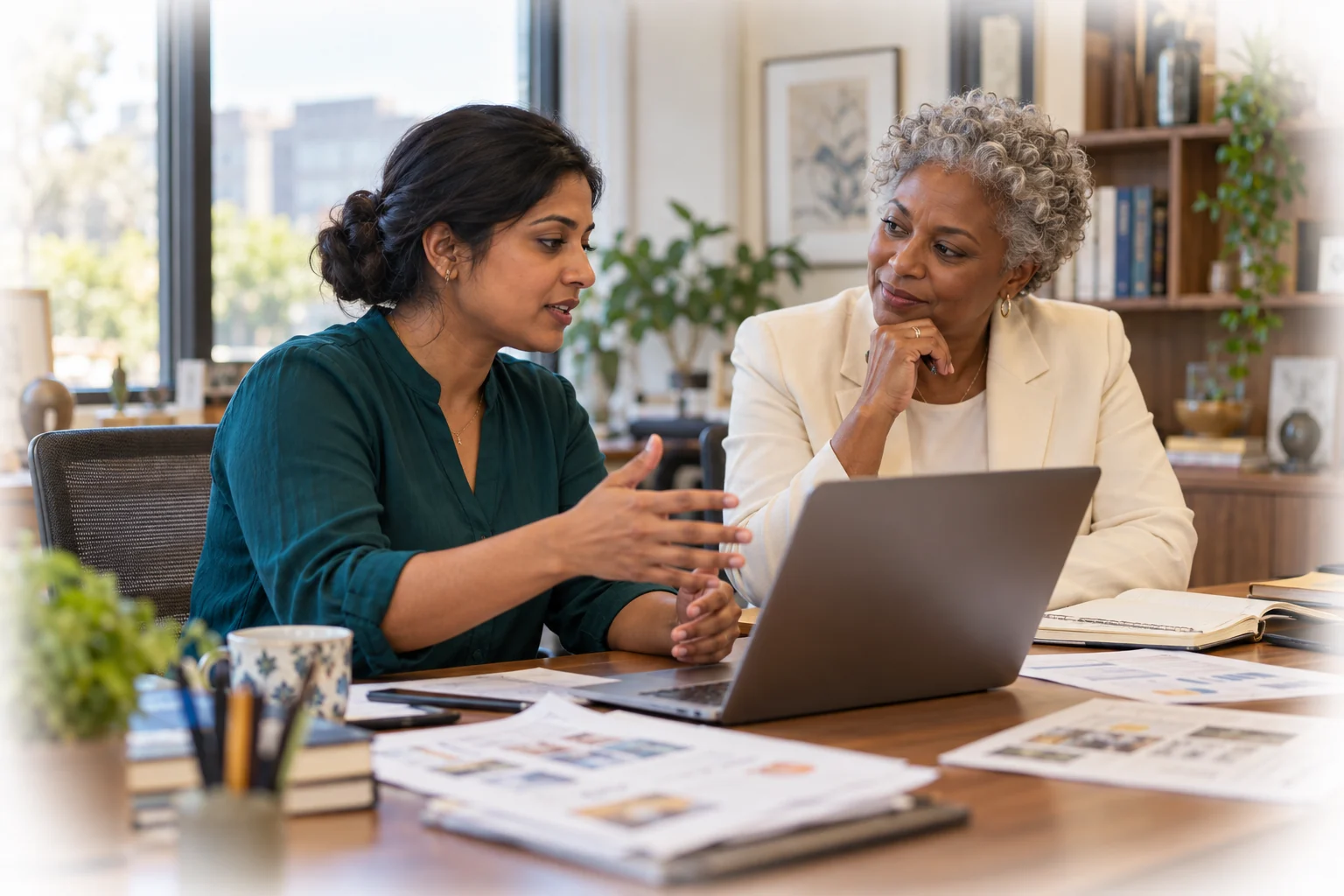 Maya discusses her work with Carla, who listens with fresh attention.