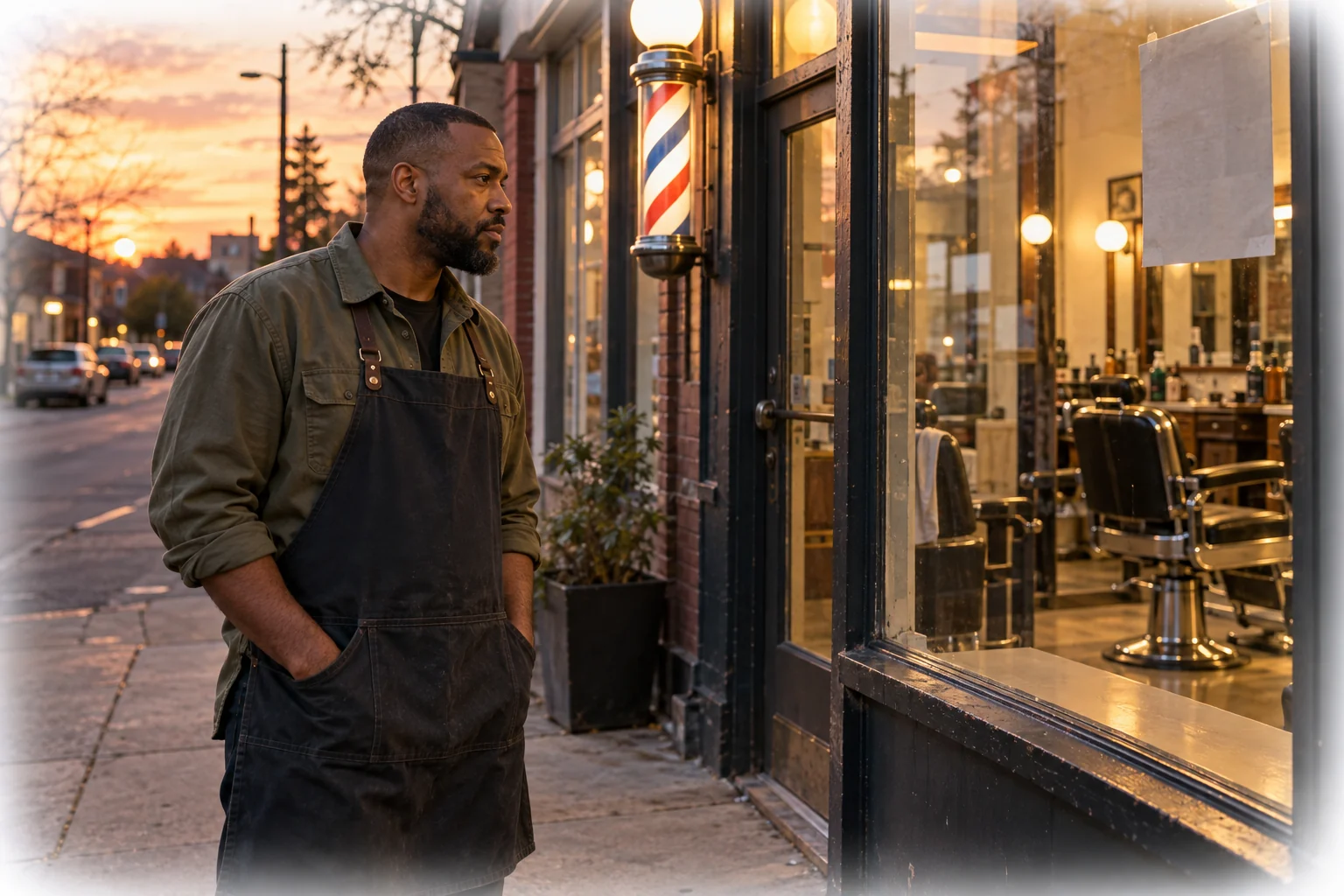 Ray looks through the window of a neighborhood barbershop.
