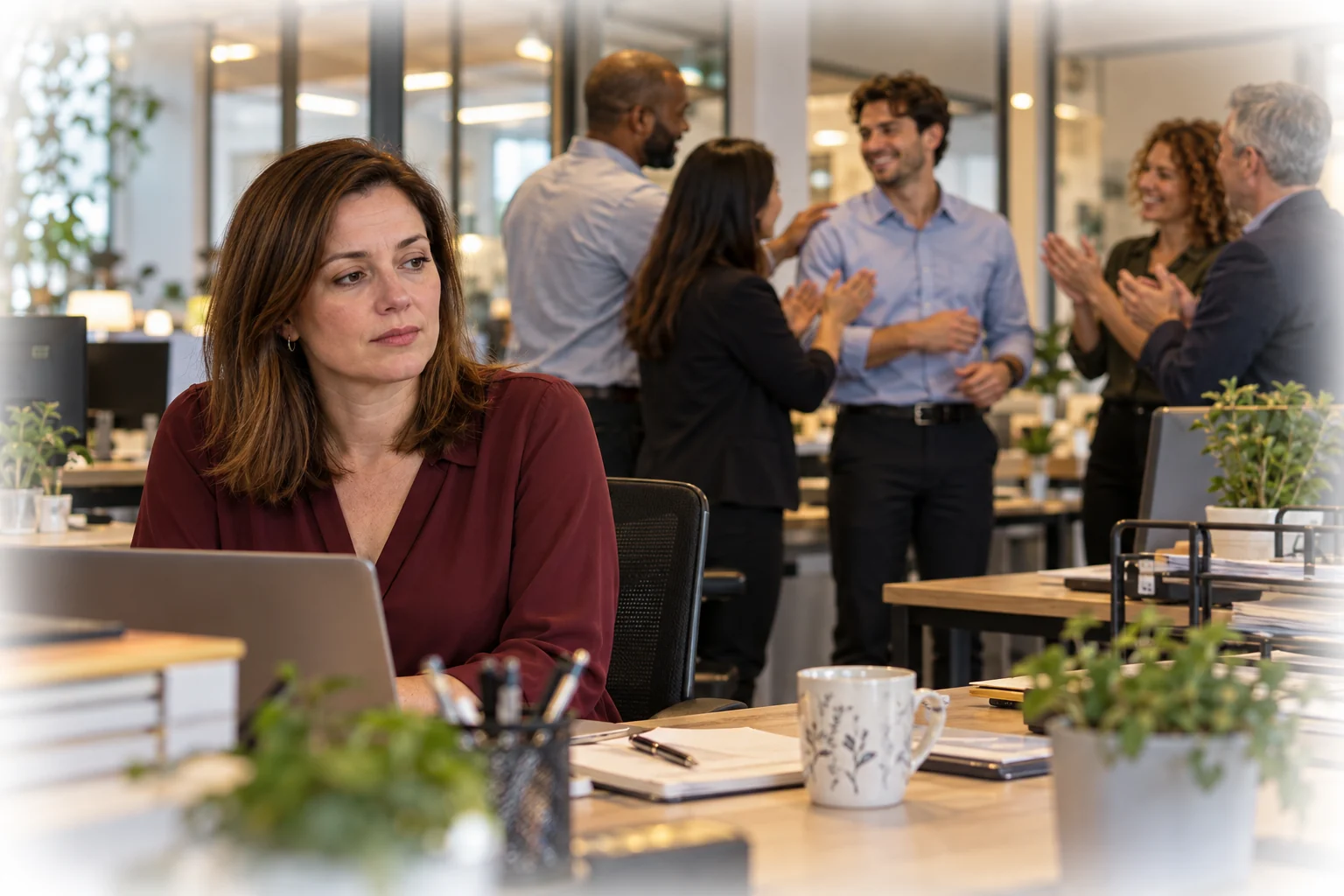 Dana sits at her desk while colleagues congratulate someone else.