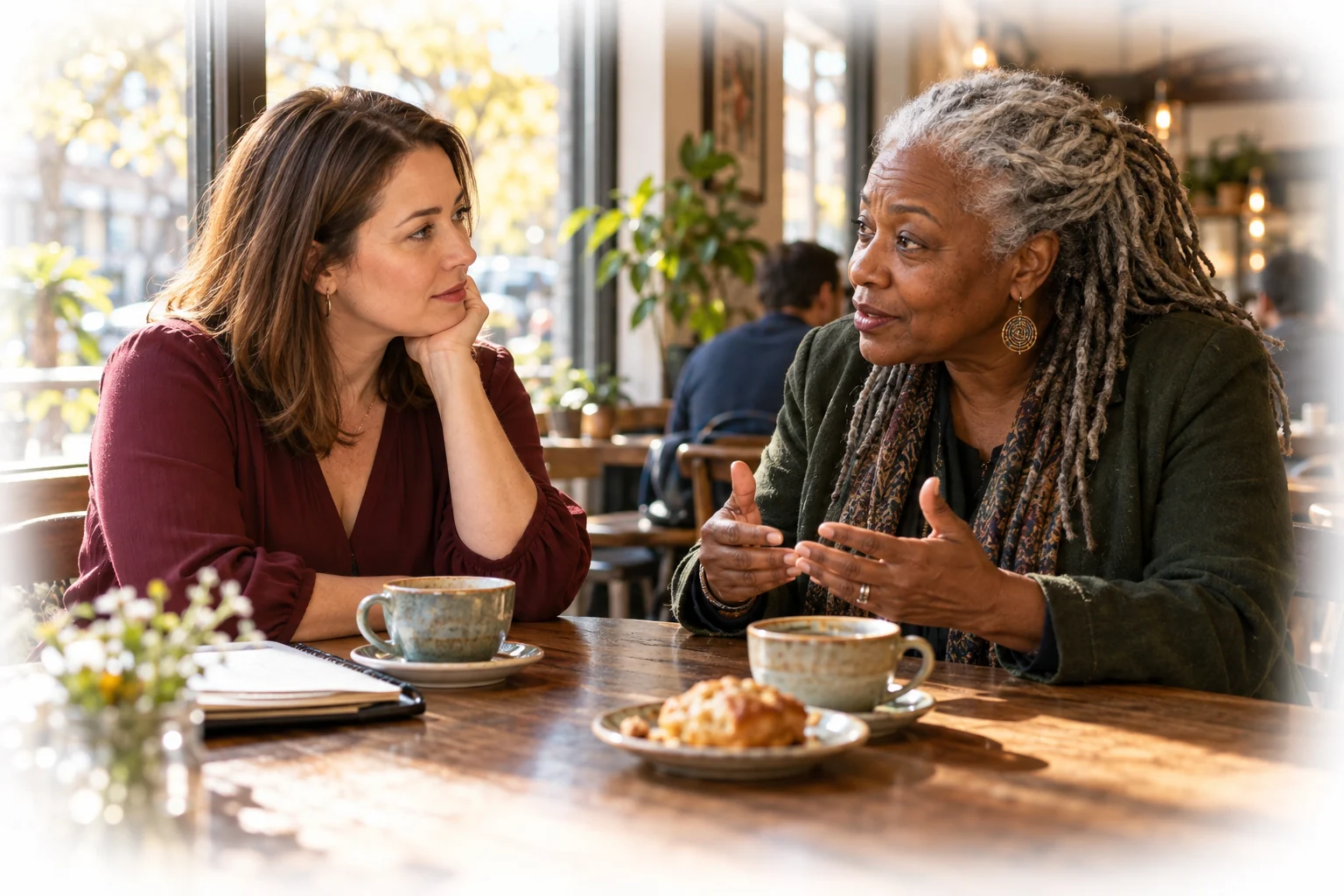 Dana and Ruth share an honest conversation over coffee.