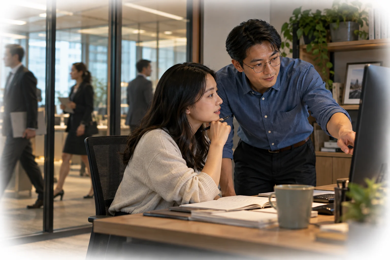 Marcus quietly helps a colleague with her work.