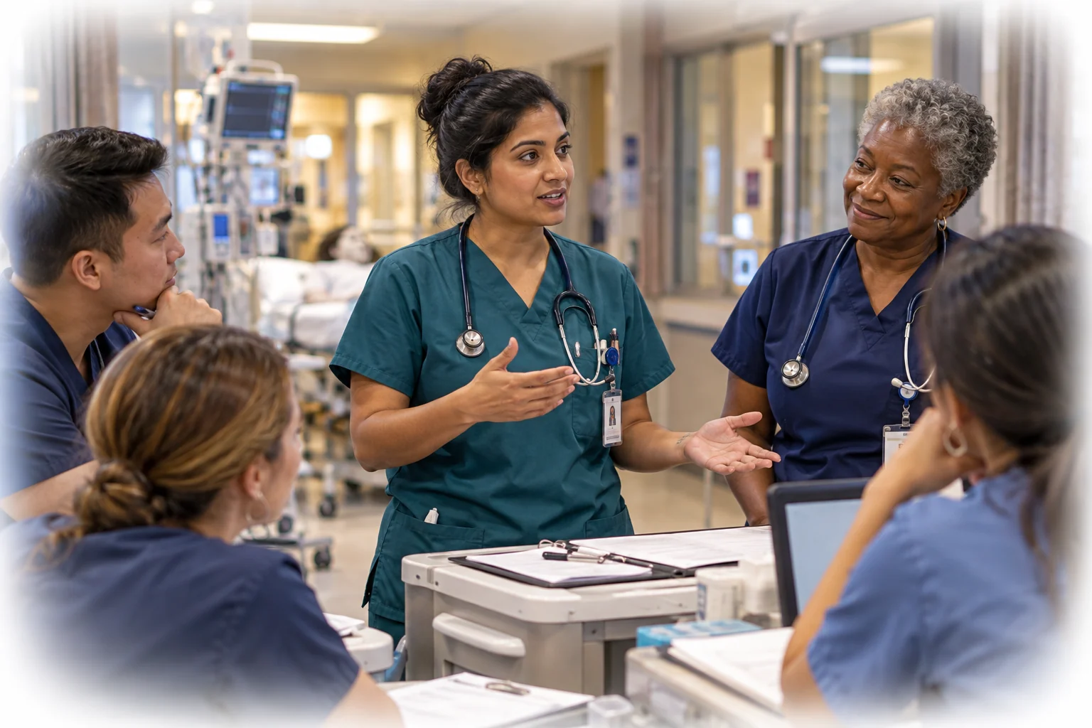 Priya presents an improvement to her nursing team with Bernadette's support.