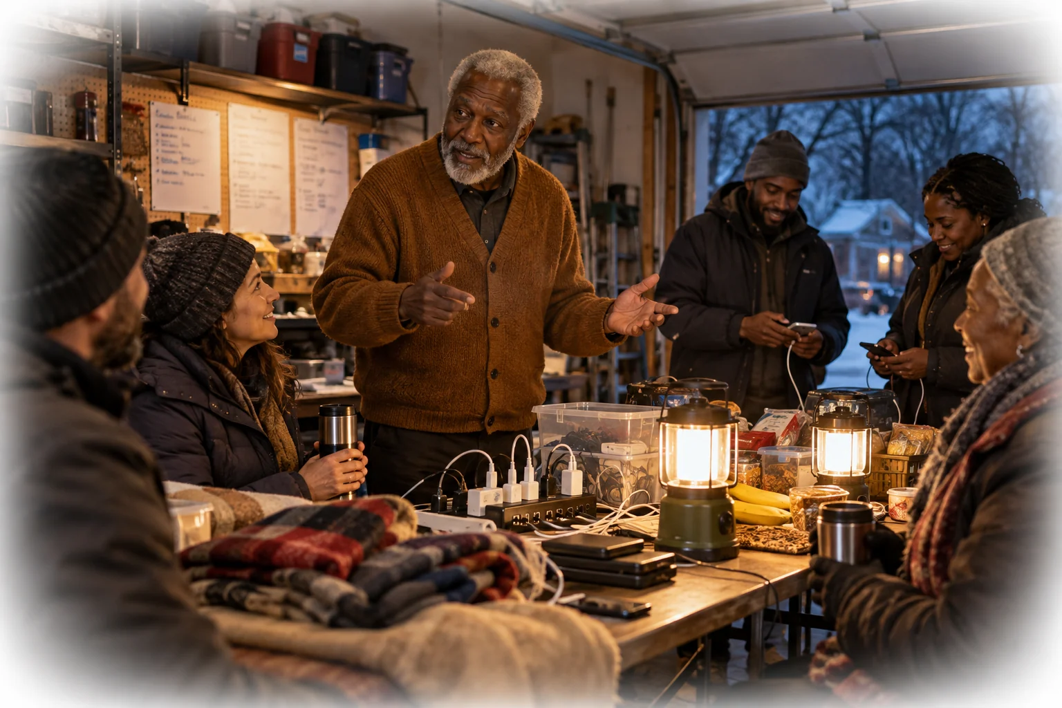 Neighbors gather around Emmanuel by lantern light during a power outage.