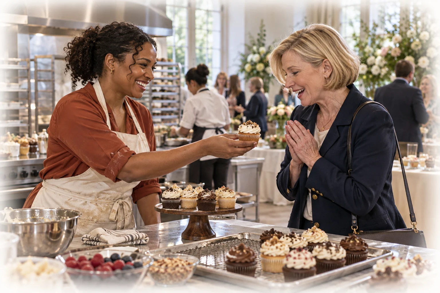 Keisha offers Lorraine a cupcake in a venue kitchen.