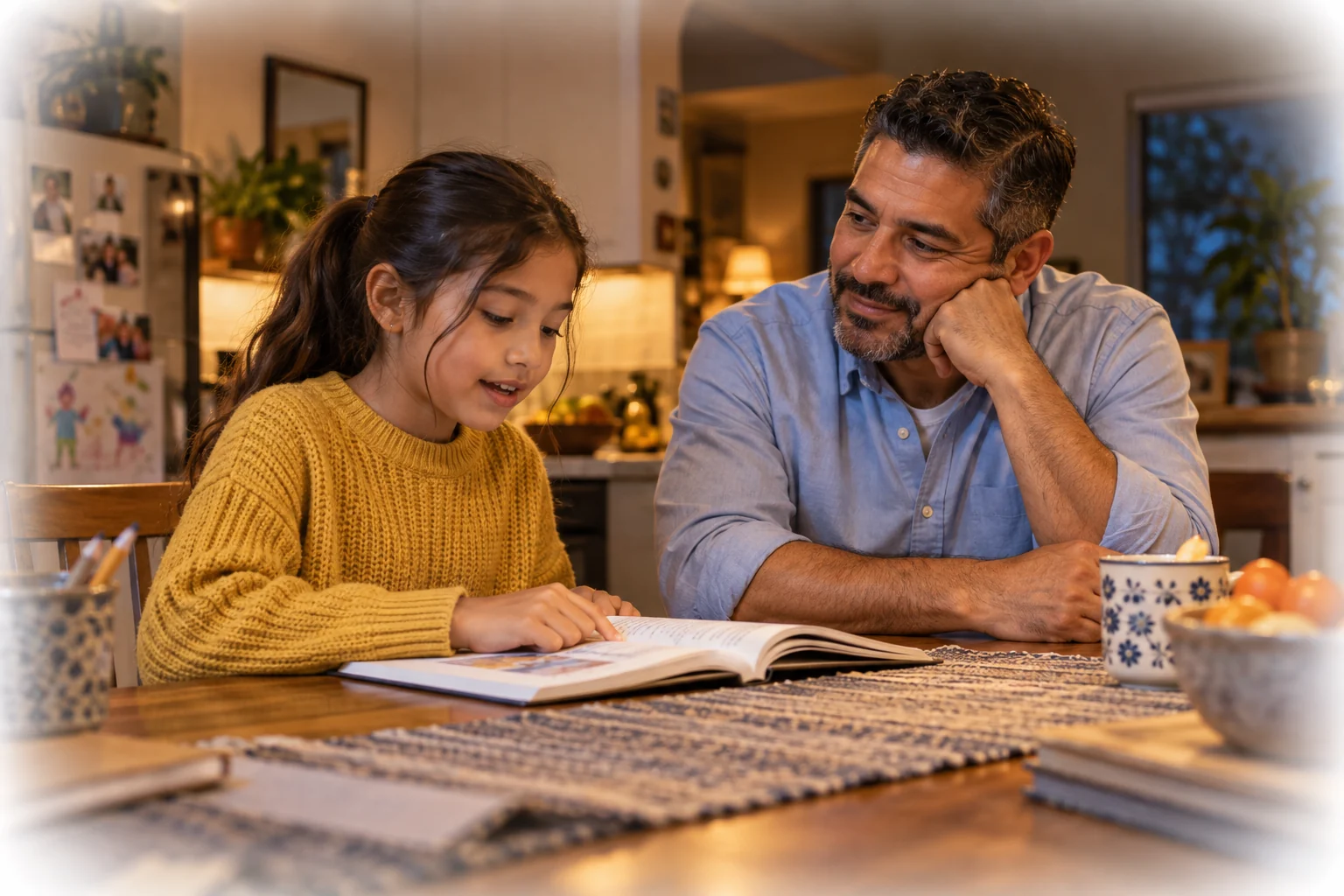 Luis practices speaking at the kitchen table with his daughter.